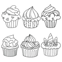 A set of cute sweet cupcake with cream, hearts, unicorn. Kawaii coloring page. Black and white illustration for kids coloring book.