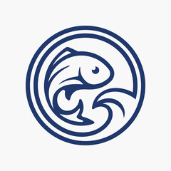 Obraz premium Sea fish wave logo icon. Saltwater fishing symbol. Seafood sign. Ocean marine life emblem. Vector illustration.
