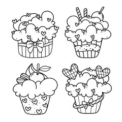 A set of cute cupcakes with cream, hearts, and cherry. Kawaii coloring page. Black and white illustration for kids coloring book