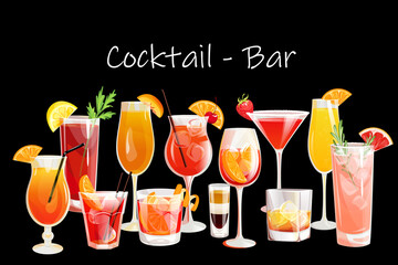 Banner template with alcoholic cocktail drinks in the bar. Design for web advertising, social networks.