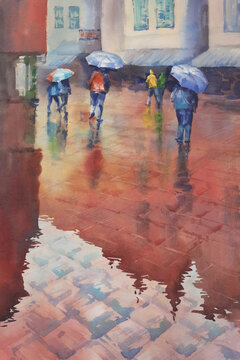 People with umbrellas in Menton city watercolor background