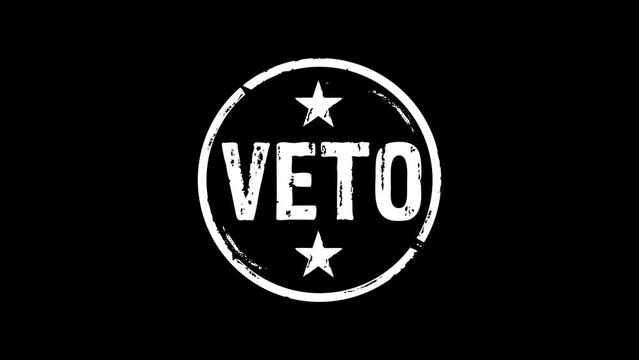 Veto stamp and hand stamping impact isolated animation. Opposition, objection and refuse symbol 3D rendered concept. Alpha matte channel.