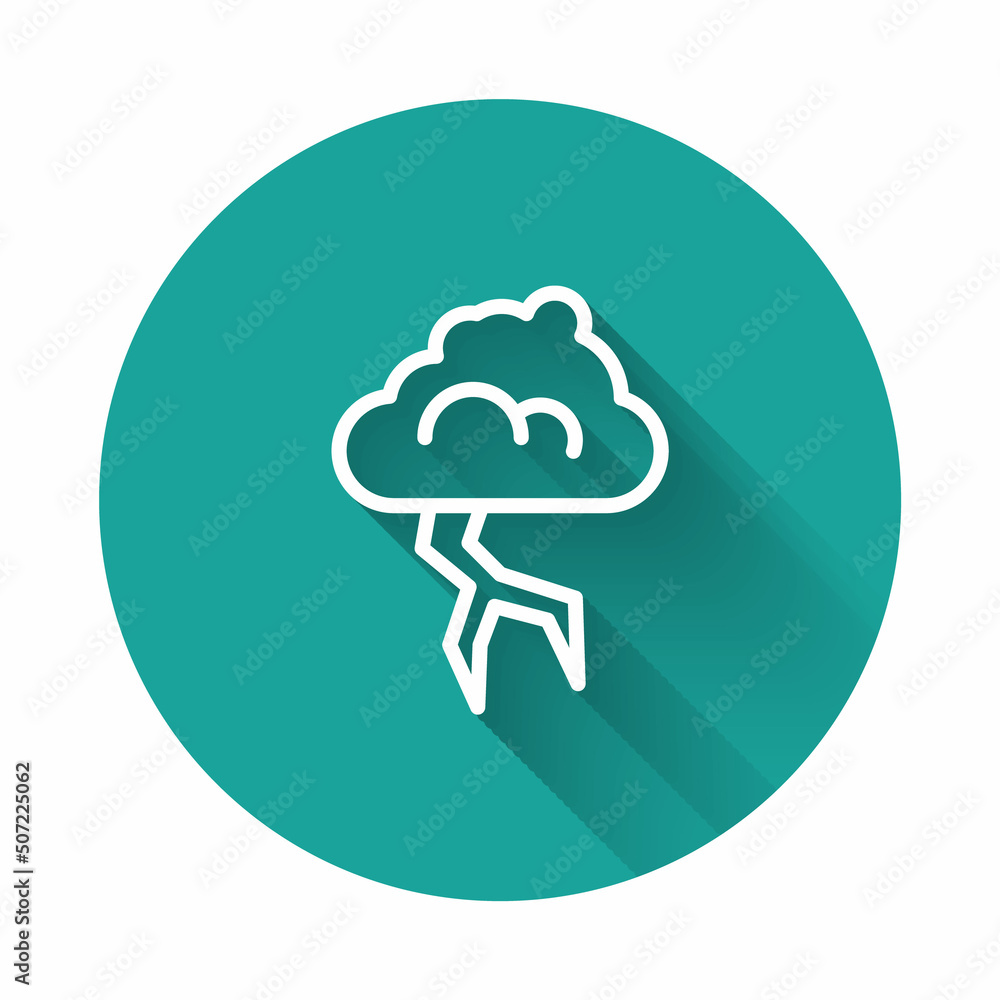 Poster white line storm icon isolated with long shadow background. cloud and lightning sign. weather icon o