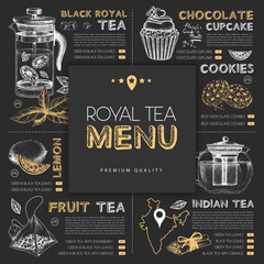 Chalk drawing restaurant royal tea menu design with hand drawing tea elements. Vector illustration