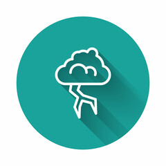 White line Storm icon isolated with long shadow background. Cloud and lightning sign. Weather icon of storm. Green circle button. Vector