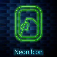 Glowing neon line Airplane window icon isolated on brick wall background. Aircraft porthole. Vector