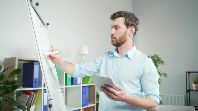 Focused employee drawing graphs on white board. Businessman, financial analyst, stands near the whiteboard in office, analyzes charts, profit, business strategy. Startup with a tablet in hand