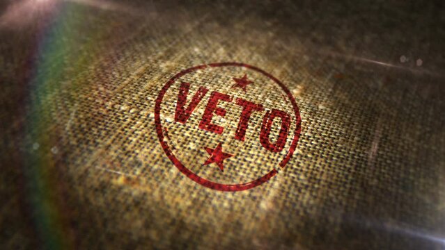 Veto sign stamp on natural linen sack. Opposition, objection and refuse symbol 3D rendered design abstract concept. Looped and seamless animation.
