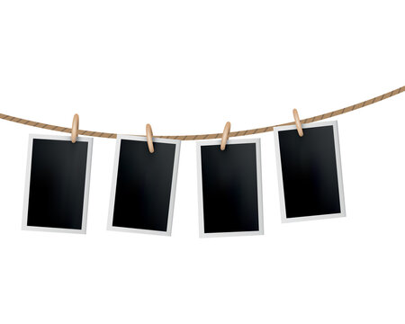Photo frames hanged on rope. Retro instant photos on thread. Card frame image mockup,  set. Icon design template. Remember the moment
