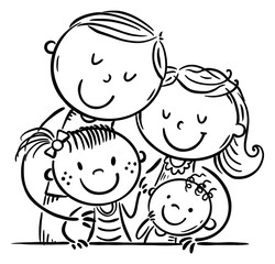 Hugging kids parents embrace their children, outline cartoon image