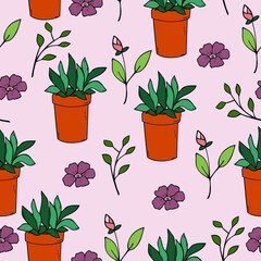 Seamless pattern with home plant in the pot, flower, leaves. Vector hand drawn illustration. Doodle style, endless texture for your design projects