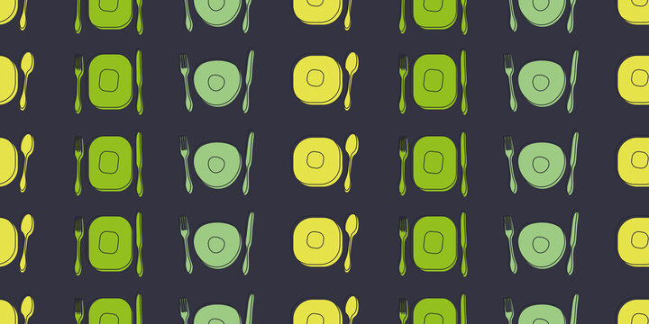 Seamless Cutlery Pattern Background - Rows of Retro Style Hand Drawn Fork, Spoon, Knife and Plate Symbols