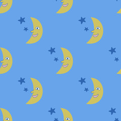 Seamless vector Moon pattern. Illustration of Moon with face. Background for design, fabric, textile, cover, wrapping.