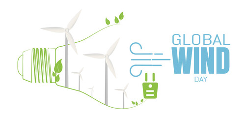 World Wind Day.  Vector illustration EPS10 windmills , light bulb and plug as end of process on white background.