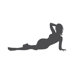 Silhouette seductive naked slim lady posing with perfect body breast and legs monochrome vector illustration. Beauty female erotic torso healthy nude undressed figure shape lying with hand behind head