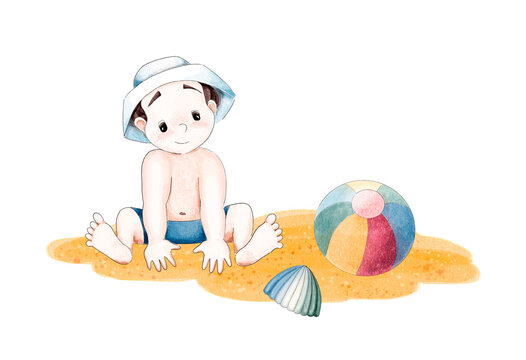 A cute little cartoon boy in a panama hat and blue swimming shorts sits on the sand. There are a beach ball and a shell near to him. Digital illustration in the style of colored pencils and watercolor