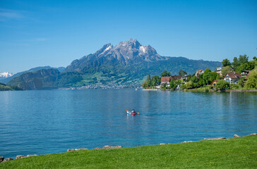 lake Lucerne (Vierwaldstatersee) in Weggis village with the view of Pilatus mount. Switzerland.