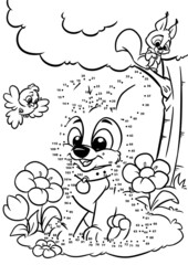 Fototapeta premium Picture dots number puzzle puppy coloring page cartoon illustration