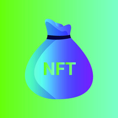 NFT (non-fungible token) assets concept. Money bag with NFT description. 