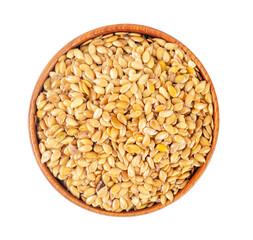 Gold Flax seed in wooden bowl isolated on white background, Save clipping path.