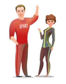 Man and woman in tracksuit. Got ready for sports activities. Cheerful person. Standing pose. Cartoon style. Single character. Illustration isolated on white background. Vector