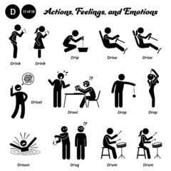 Stick figure human people man action, feelings, and emotions icons alphabet D. Drink, drip, drive, drivel, drool, drop, drown, drug, and drum.