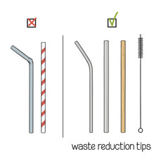 Waste reduction tips. Choice of reusable drinking straws instead of single use plastic ones. Say no to plastic straws concept. Eco-friendly living, Zero waste lifestyle