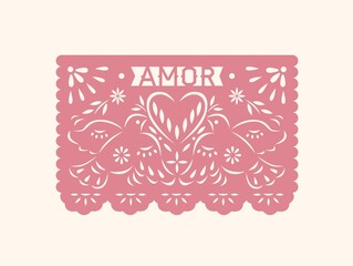 Amor papel picado, Mexico paper flag with perforated pattern of doves birds in love, heart. Traditional folk banner for Mexican holiday, Dia de los Muertos. Isolated flat graphic vector illustration