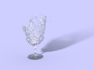 Explosion of wine soda champagne vodka glass. Concept design idea. Transparent old grunge shards with scratches. Blue background color with shadow. 3D render. Freeze frame bullet time.