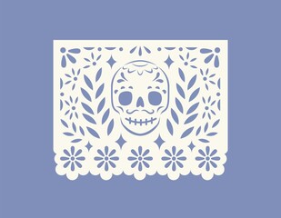 Mexican papel picado, perforated paper flag with cut pattern of skull. Traditional pecked banner for Mexico holiday of death, dead, Dia de los Muertos. Isolated flat graphic vector illustration