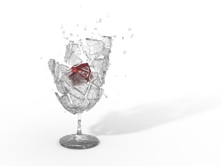 Smashed broken wine soda champagne vodka glass with floating red wine cube in it. Concept design idea. Transparent old grunge shards with scratches. White background with shadow. Gray red colors