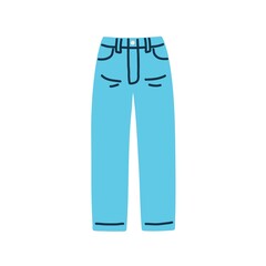 Modern jeans pants. Denim fabric trousers. Female garment, cotton clothes. Casual women apparel. Trendy straight leg wearing. Flat vector illustration isolated on white background