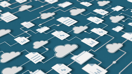 connected clouds with different file and folder icons, sharing data, concept of cloud computing,...