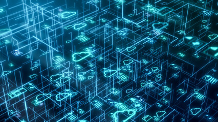 abstract network with clouds and different file and folder icons, sharing data, concept of cloud computing, smart working, global business, big data, isometric view (3d render)