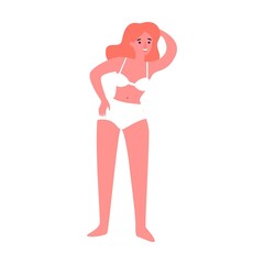 Body positive female character flat vector illustration. Happy plus size girls in swimsuits with different figures