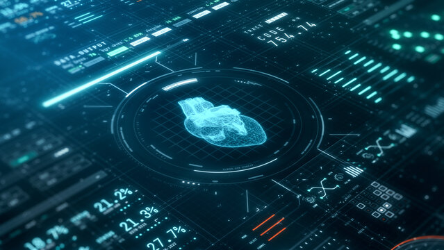 futuristic software interface for medical and scientific purpose, patient monitoring software, human heart scanner (3d software)