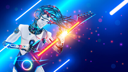 Cool cyborg rock guitarist with bass electric guitar plays music on concert. Robot musician with AI composer music with help artificial intelligence. Robotic Rock performer play heavy metal on stage