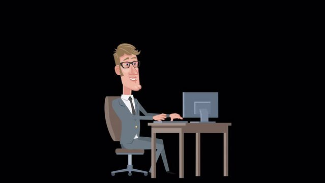 Cartoon elegant businessman character working with computer at workplace animation with alpha channel