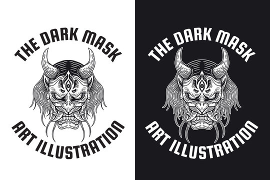 Set Skull Devil Oni Mask Hand drawn Hatching Outline Symbol Tattoo Merchandise T-shirt Merch vintage