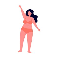 Body positive female character in bikini waving by hands flat vector illustration. Happy plus size girls in swimsuits with different figures