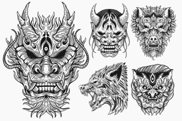 Set Bundle Skull Devil Mask and Beast Horror Hand drawn Hatching Outline Symbol Tattoo Merchandise T-shirt Merch vintage