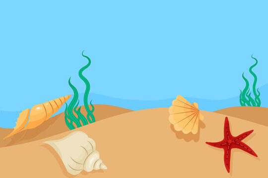 Underwater background. Ocean Landscape. Sea nature. View of ocean bottom. Marine life. Shells and starfishes background. Vector illustration.