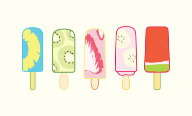 Set of fruit popsicles for summer dessert in flat cute simple illustration art design