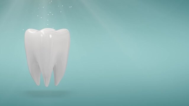 Seamless loop video. Closeup clean tooth rotation on turquoise background with rays light, particular . Whitening teeth and dental health on treatment background with cleaning teeth. Hygiene 4K HD 