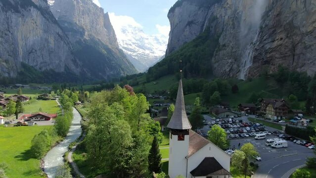 Aerial view of a little church in Lauterbrunnen village, Switzerland, Europe