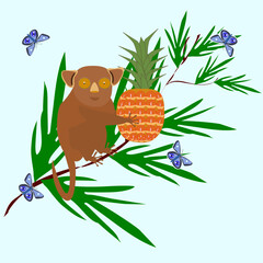 Tarsier on a tree, vector. Animal with a pineapple in its paws. Tropical forest with beautiful butterflies.