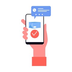 Smartphone in hand with online delivery. Simple flat vector isolated on white background