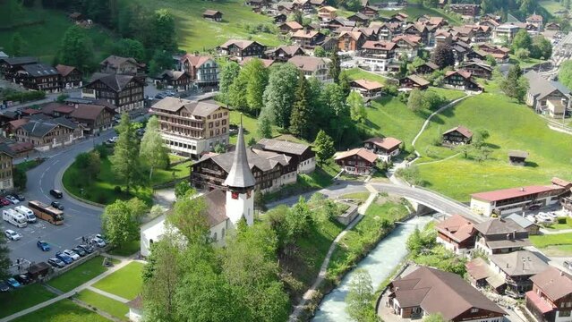 Lauterbrunnen village in Bernese Alps, aerial view, Switzerland, Europe