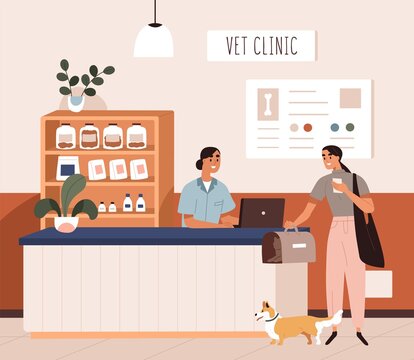 Pet Owner At Vet Clinics Reception Desk. Woman Client, Dog And Cat Patients At Counter Of Veterinary Hospitals Lobby. Person With Animals Visiting Veterinarians Office. Flat Vector Illustration