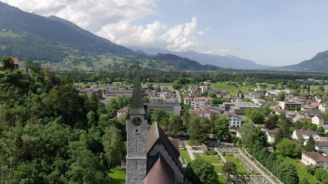 Aerial view of Parish Church of St. Nikolaus in Balzers, Liechtenstein